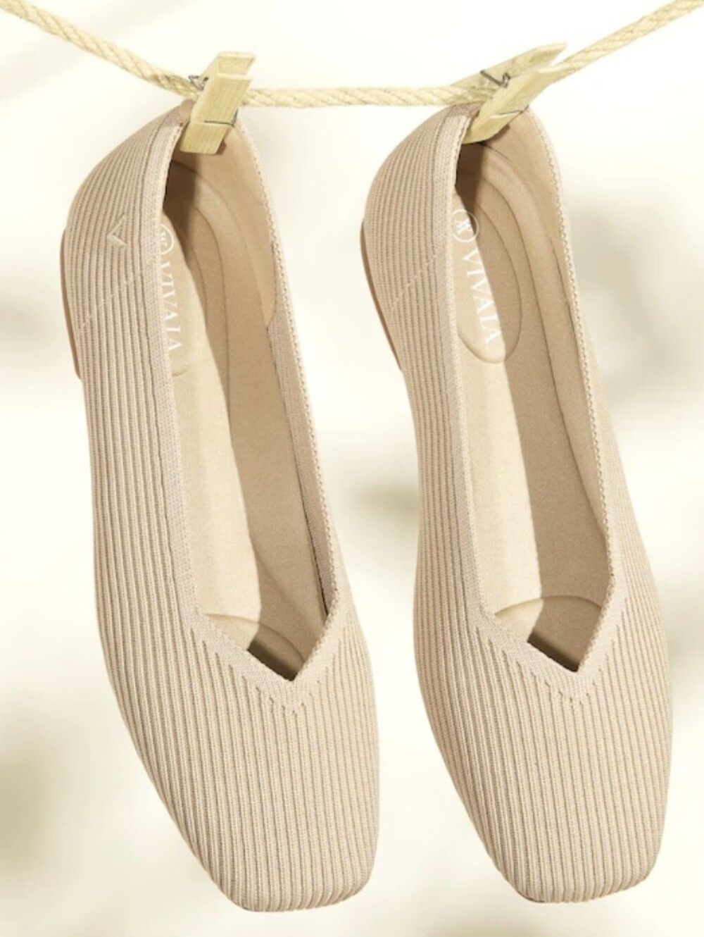 VIVAIA Margot 2.0 Size 9.5 EU 41 Almond Beige Ribbed Knit V-Cut Flats Washable